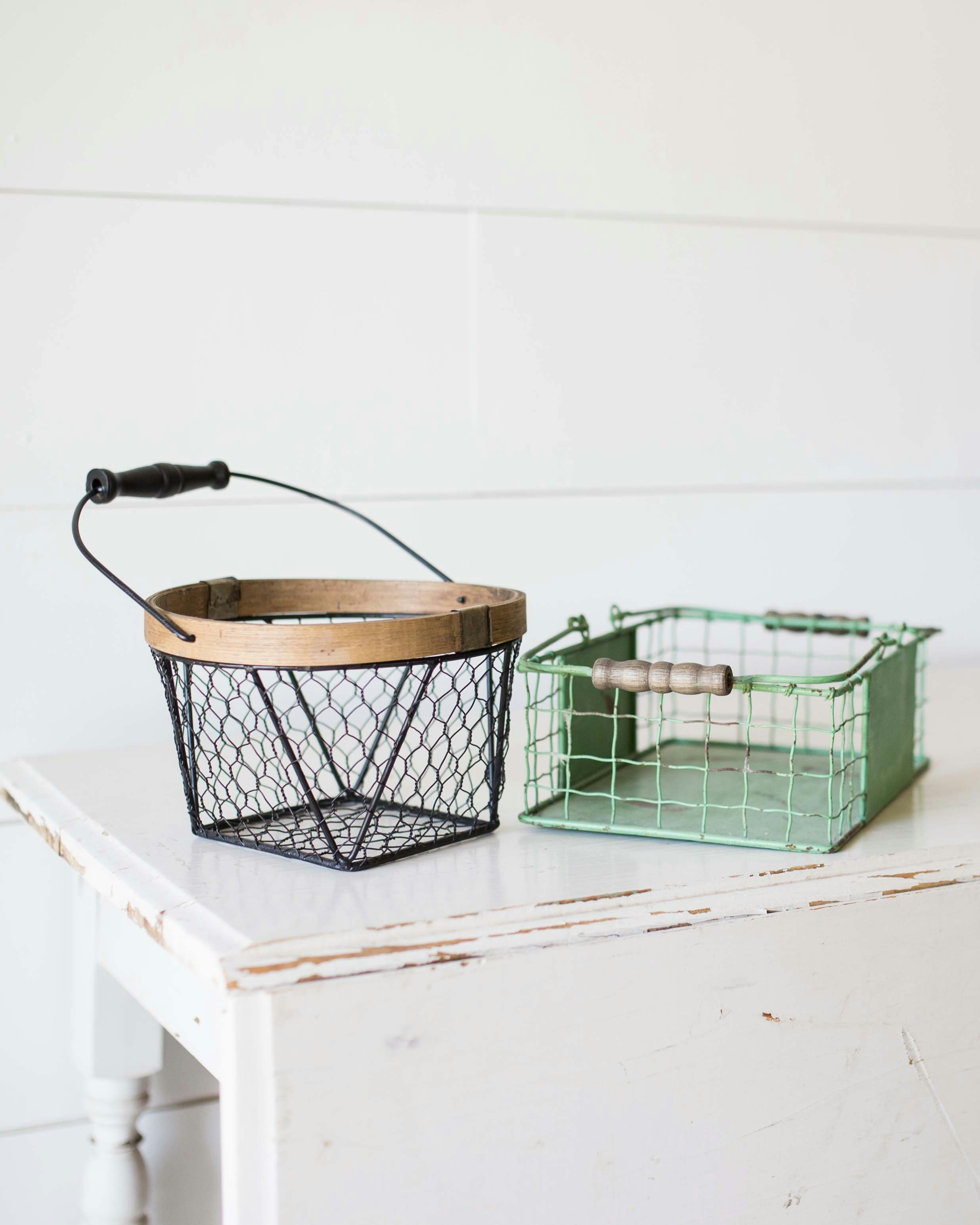 brown and green baskets on table